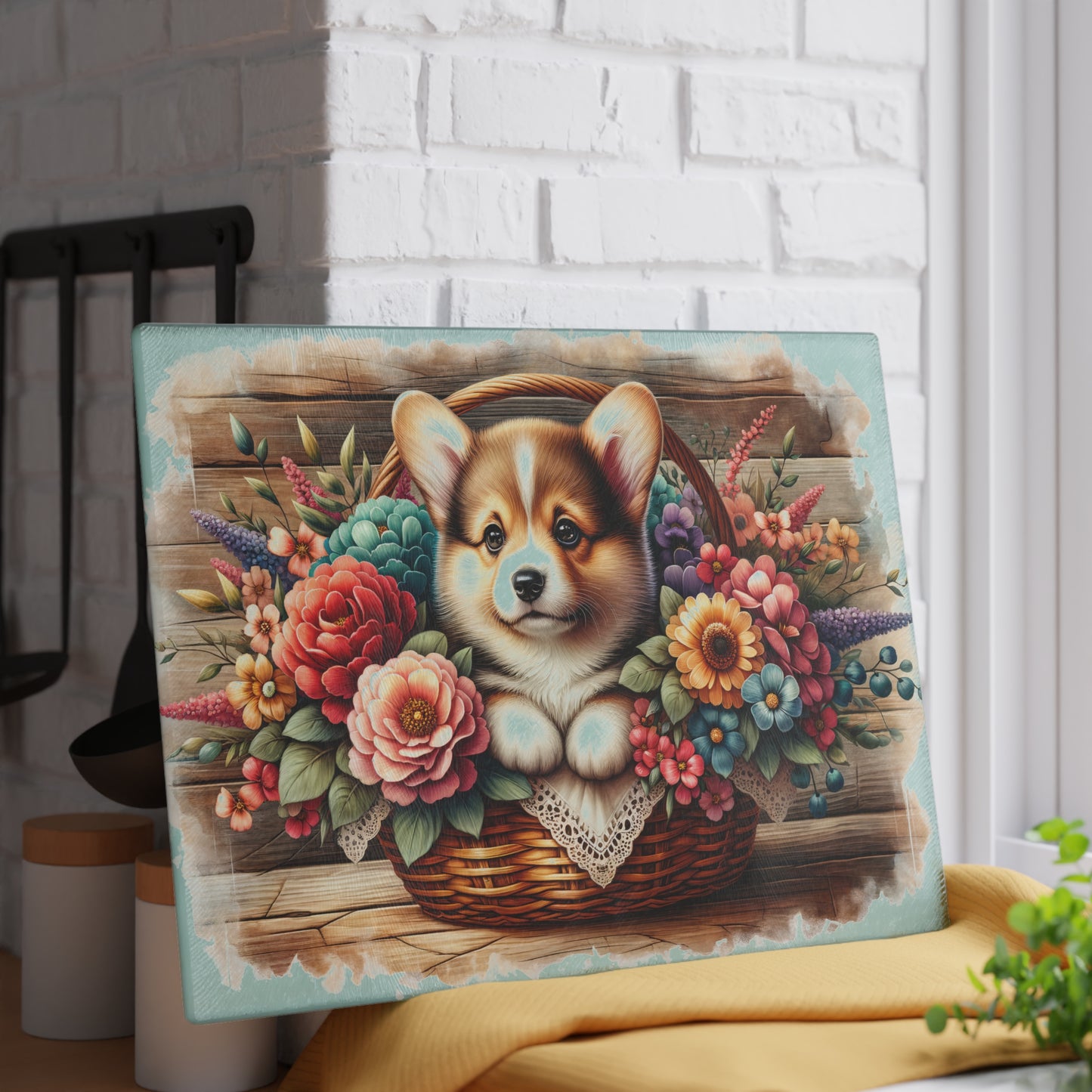 🐶🌸 Corgi in Basket Cutting Board – Sweet Charm Meets Rustic Elegance 🌼
