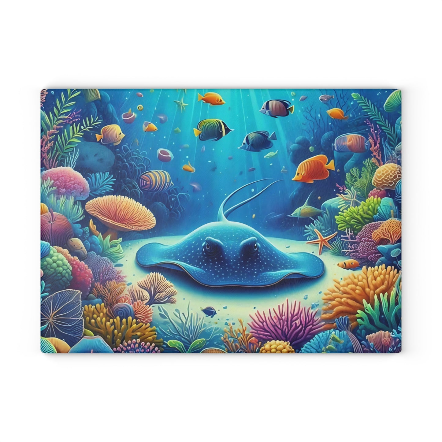 Stingray & Coral Reef Glass Cutting Board – Ocean Life Kitchen Decor with Saltwater Fish