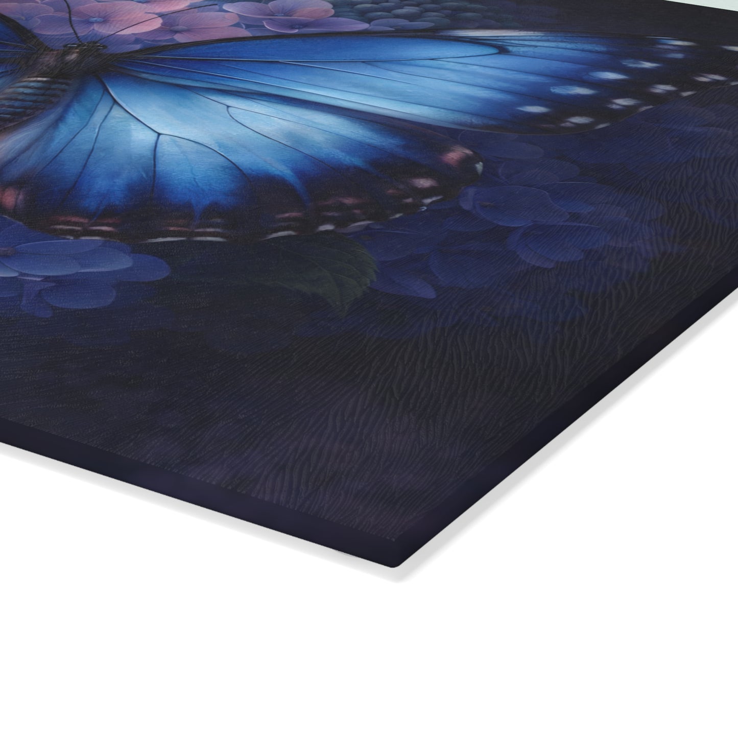 Blue Butterfly & Hydrangea Glass Cutting Board – Elegant Floral Butterfly Kitchen Art