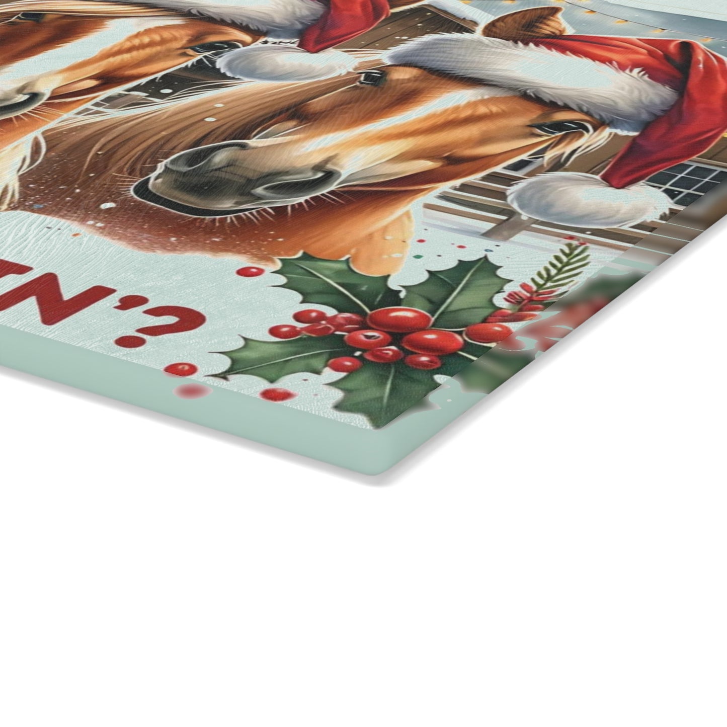 🐴🎄 “Whatcha Makin’?” Holiday Horses Glass Cutting Board – Cozy Charm for Your Kitchen