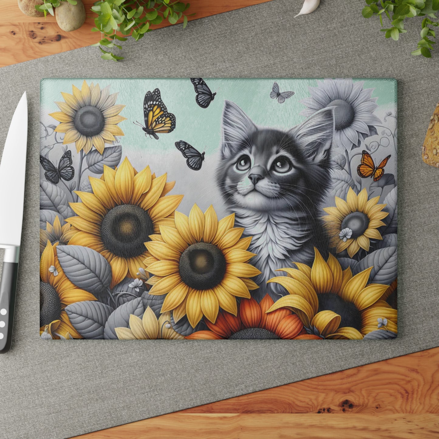 🐾🌻 Kitten & Sunflowers Cutting Board – Whimsical Rustic Farmhouse Charm with Butterflies ✨🐈🦋
