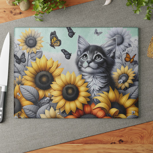 🐾🌻 Kitten & Sunflowers Cutting Board – Whimsical Rustic Farmhouse Charm with Butterflies ✨🐈🦋