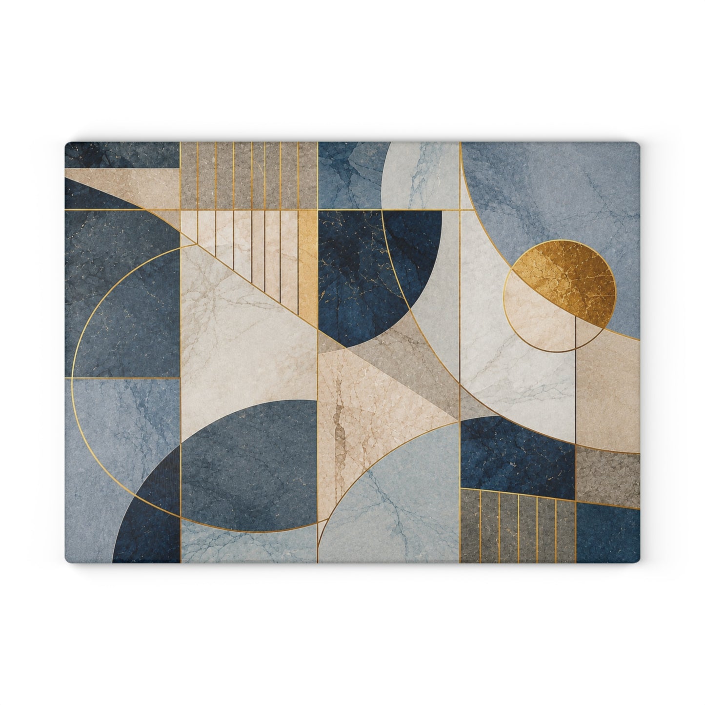 Modern Abstract Geometric Glass Cutting Board – Blue Beige & Gold Contemporary Kitchen Decor
