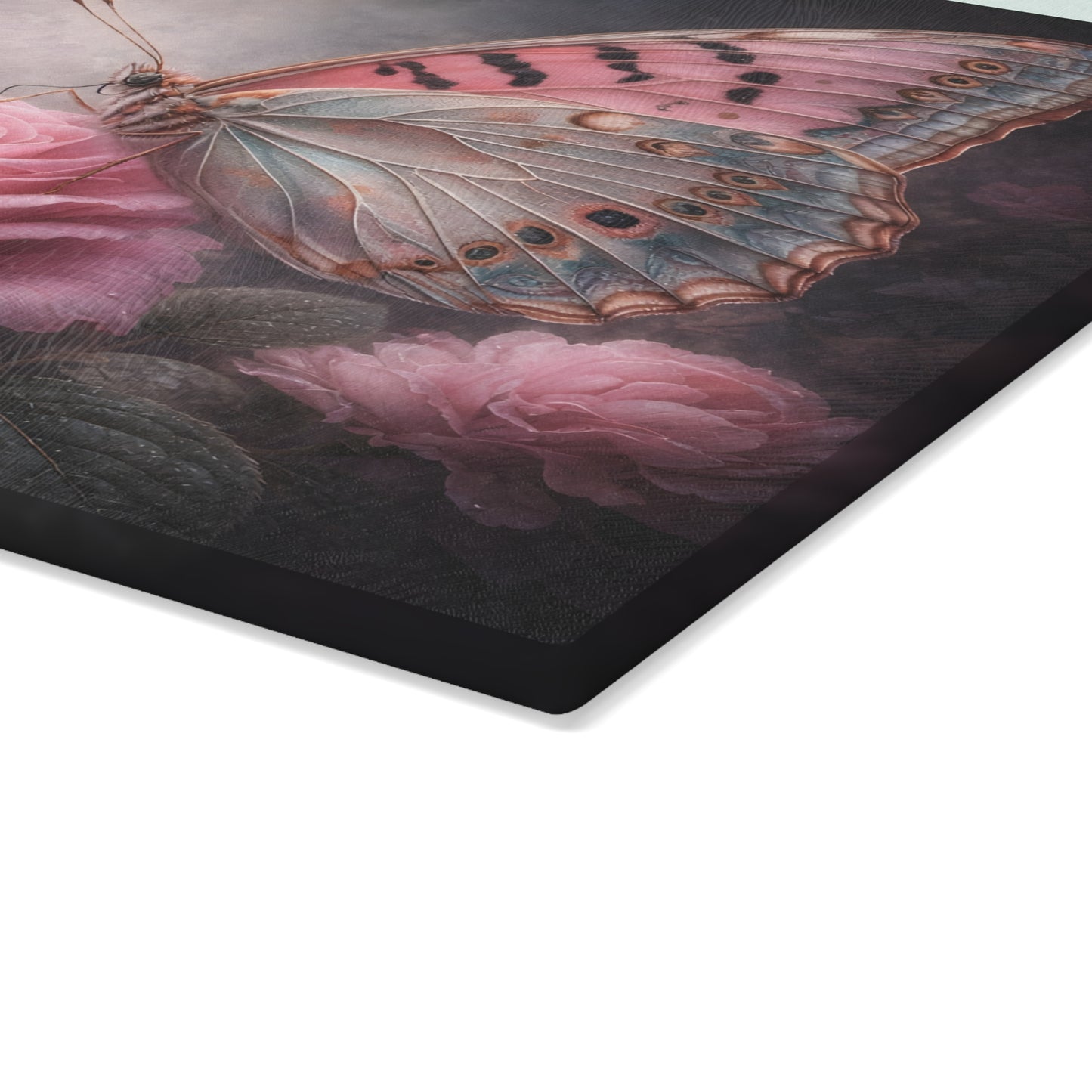 Blush Butterfly & Rose Glass Cutting Board – Elegant Floral Butterfly Kitchen Art