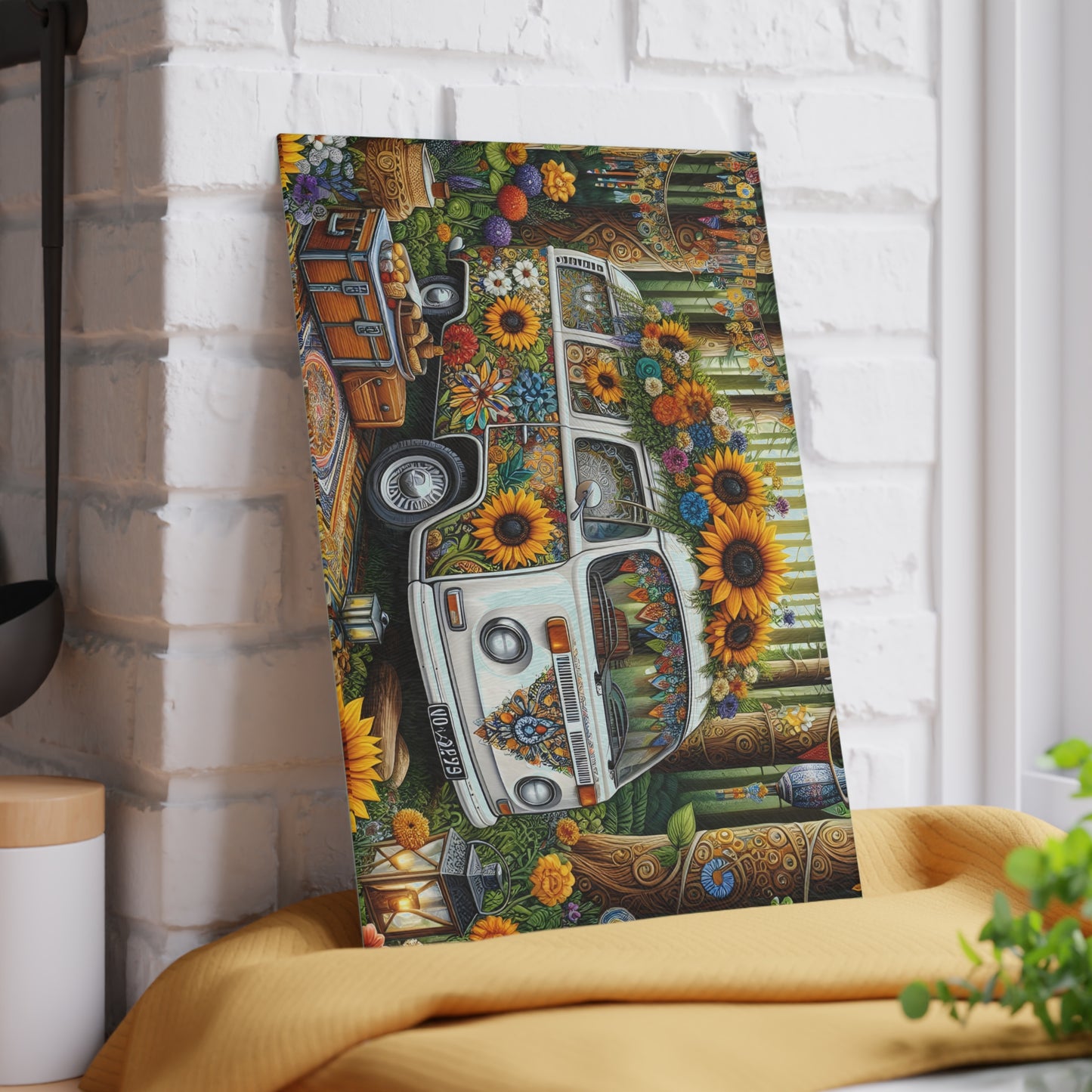 🌻 Boho Sunflower Van Cutting Board – Retro Vibes for Your Kitchen 🌼