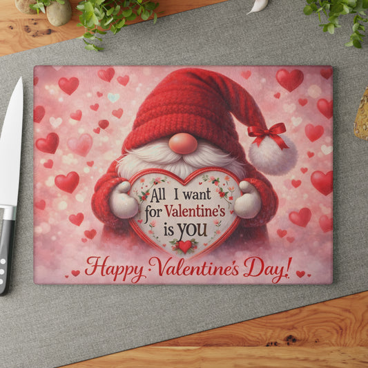 Valentine Gnome Glass Cutting Board – Romantic Heart-Themed Kitchen Décor