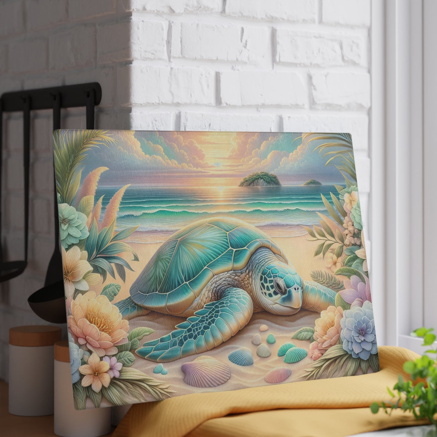 Peaceful Ocean Escape Sea Turtle Glass Cutting Board – Floral Beach Serenity Artwork