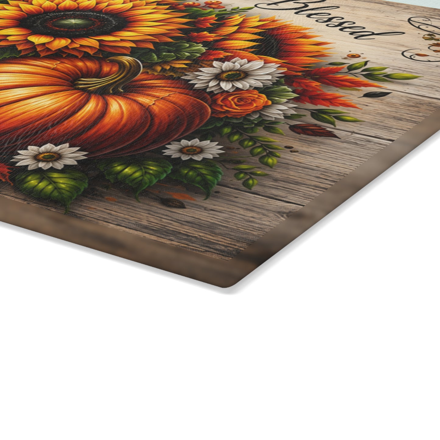 Thankful Grateful Blessed Sunflower & Pumpkin Glass Cutting Board – Fall Harvest Kitchen Decor