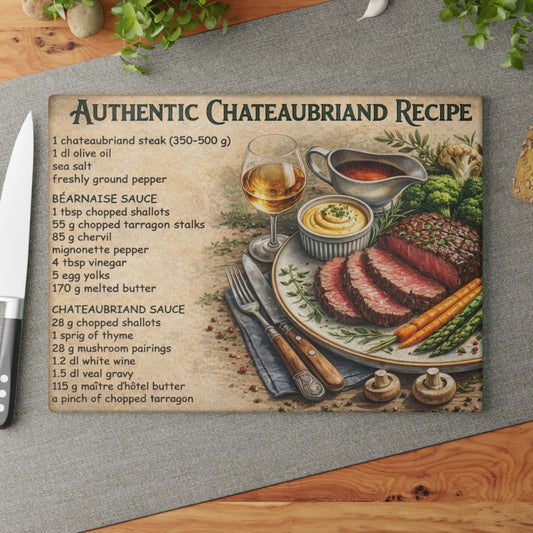 Authentic Chateaubriand Recipe Glass Cutting Board – Classic French Steak Kitchen Art