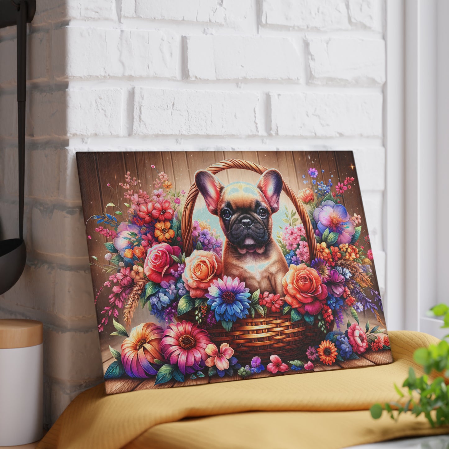 🐾 Fawn French Bulldog in Bloom Basket Cutting Board – Rustic Elegance Meets Frenchie Charm 🌼