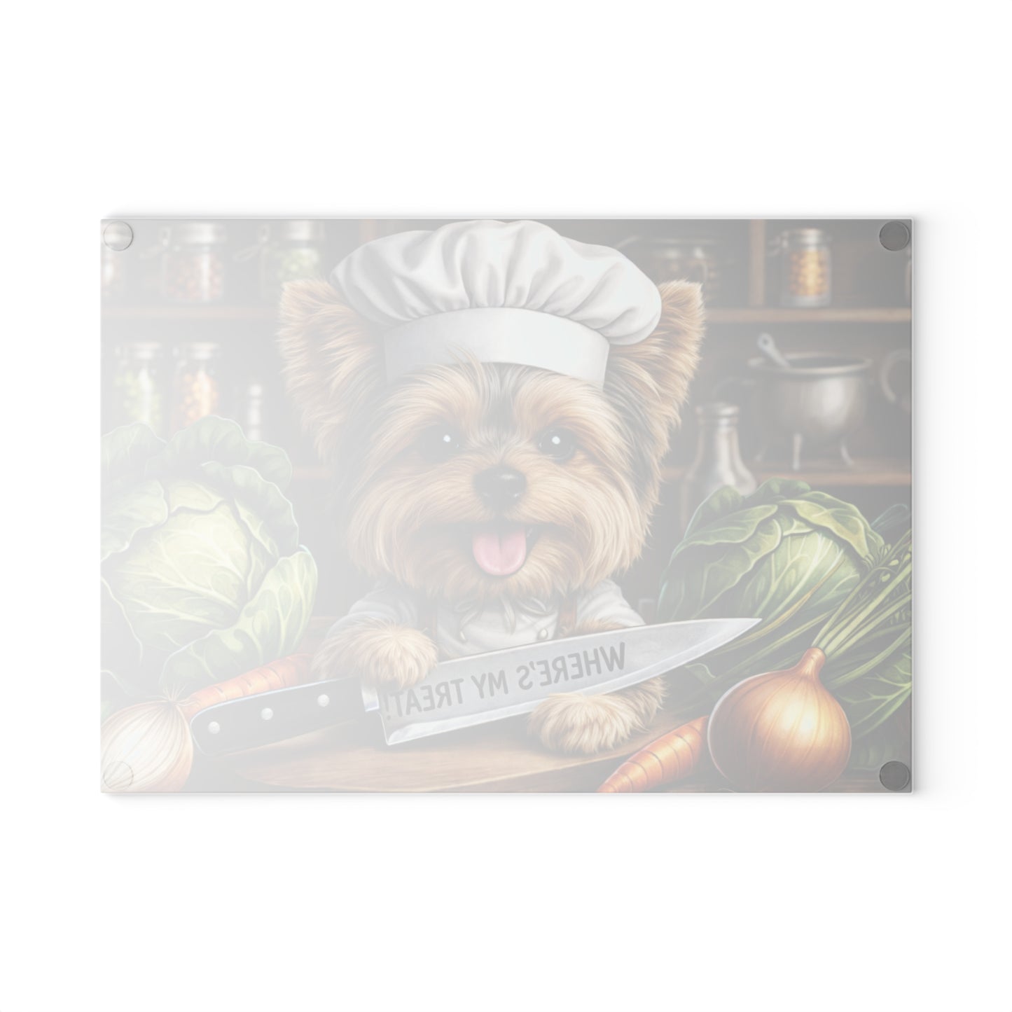 Yorkshire Terrier Chef Glass Cutting Board – “Where’s My Treat!” Playful Kitchen Art