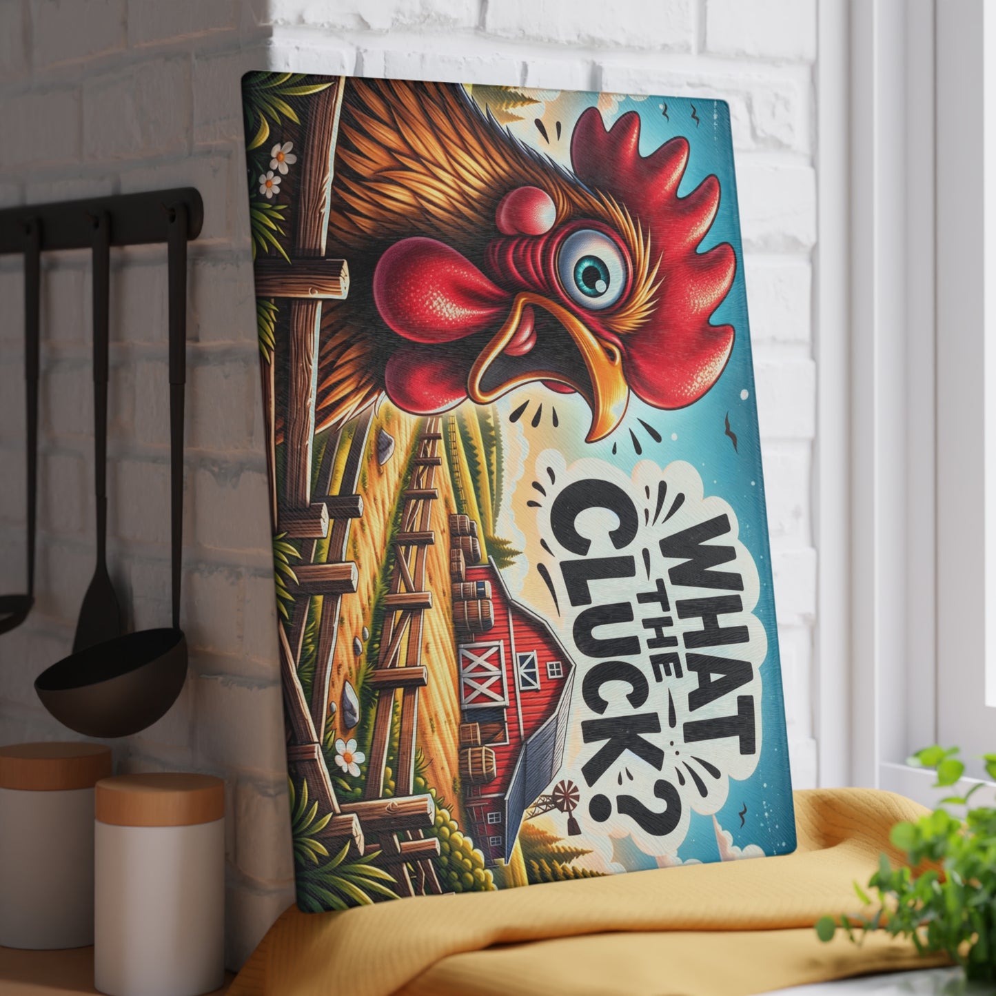 What the Cluck Glass Cutting Board – Funny Farm Rooster Kitchen Decor