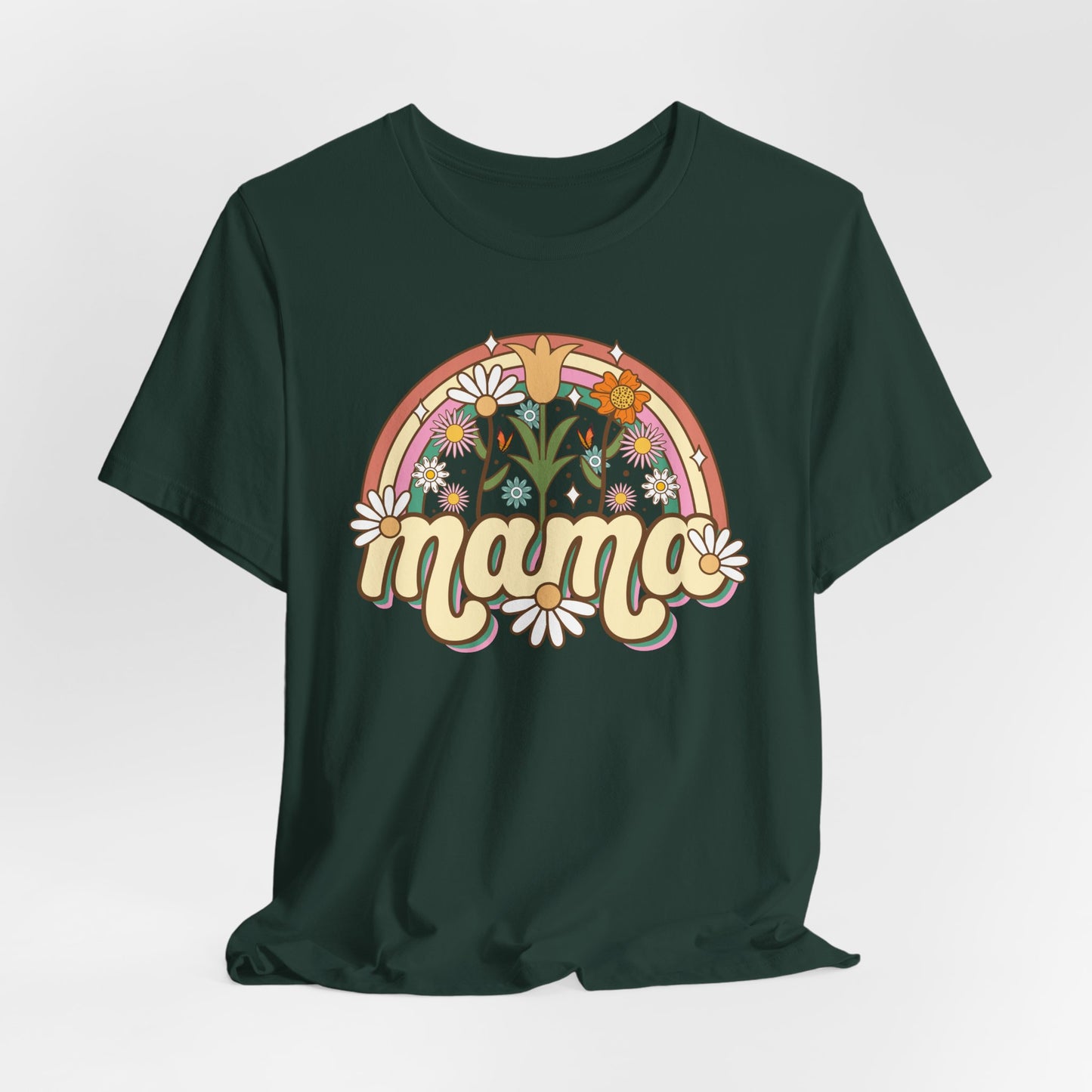 🌼🌈 Retro Floral Mama T-Shirt – Boho Rainbow Graphic Tee for Moms 🌻✨