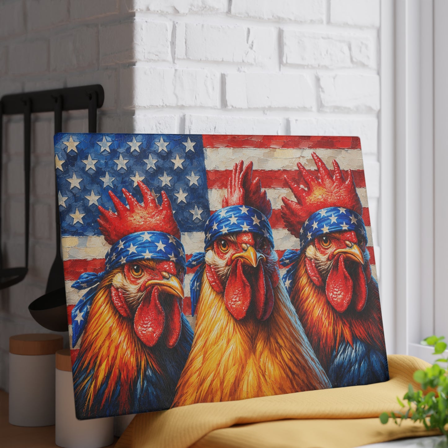 Patriotic Rooster Bandana Glass Cutting Board – Bold Farmhouse Americana Kitchen Décor