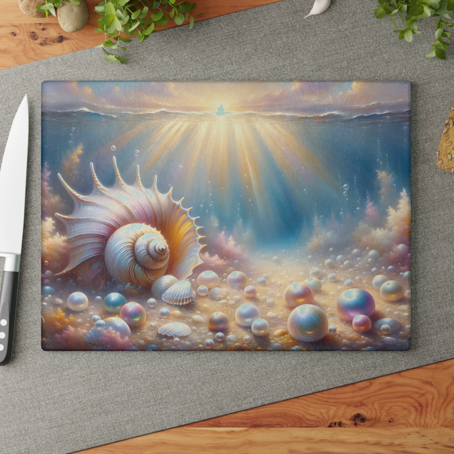 Seashell & Pearls Ocean Glow Glass Cutting Board – Coastal Kitchen Art