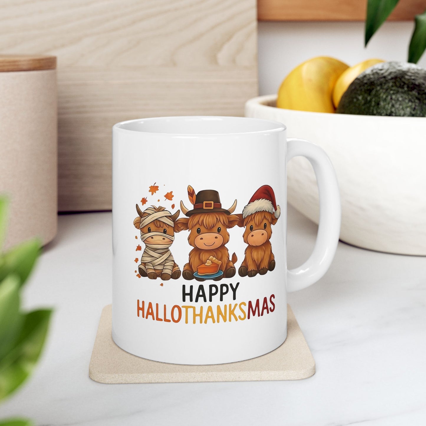 🐮🎃🦃🎄 Happy Hallothanksmas Mug – Cow Holiday Coffee Cup ☕✨