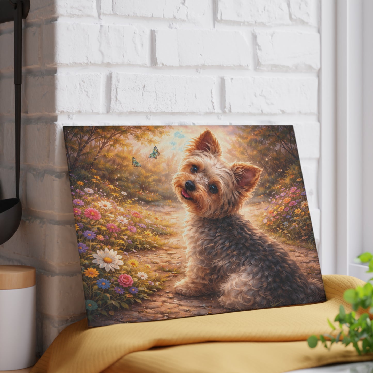 Whimsical Yorkshire Terrier Garden Glass Cutting Board – Personalized Dog Lover Floral Artwork