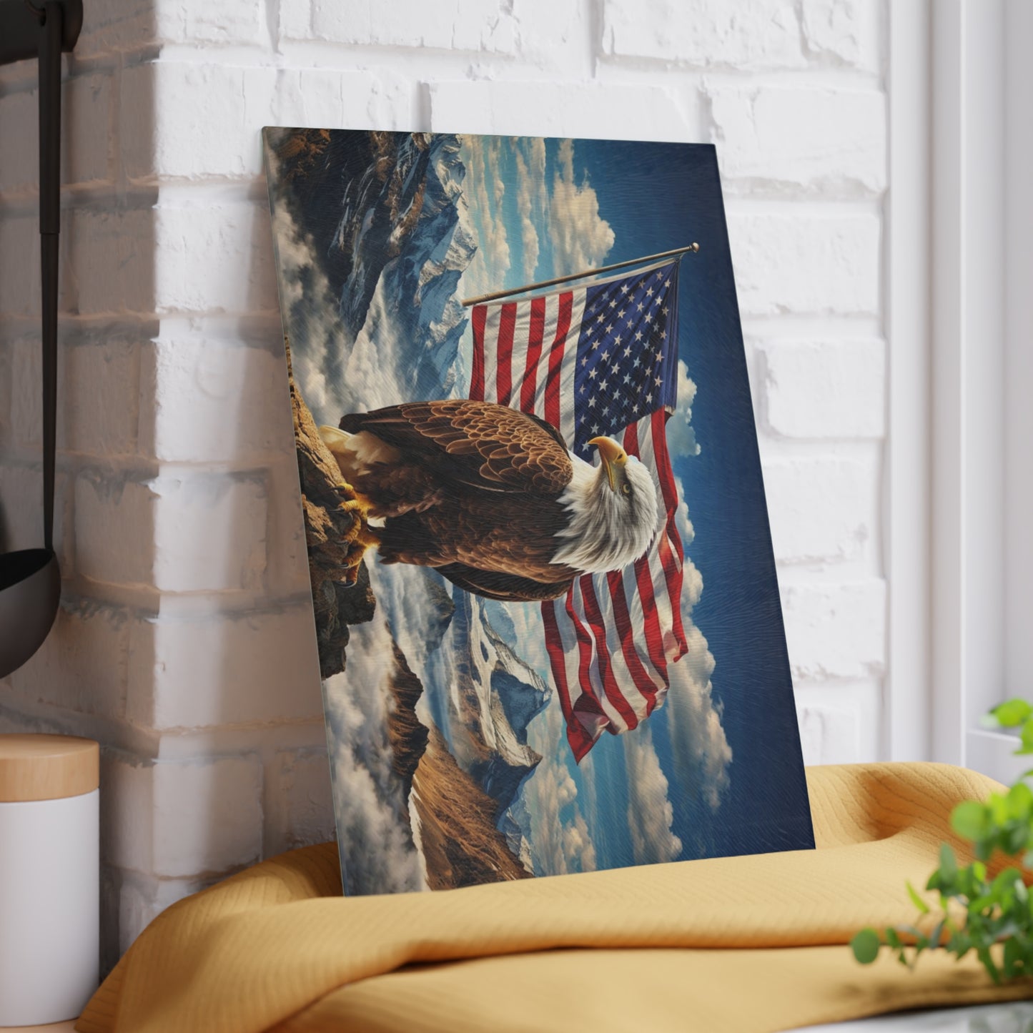 Majestic American Eagle Glass Cutting Board – Patriotic Mountain Landscape Kitchen Art & Display Board