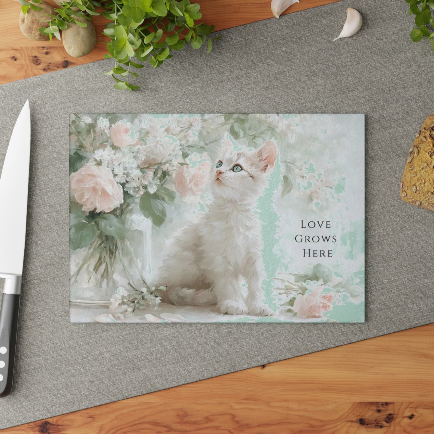 🐱🌸 “Love Grows Here” Glass Cutting Board – Soft Cottage Floral Charm