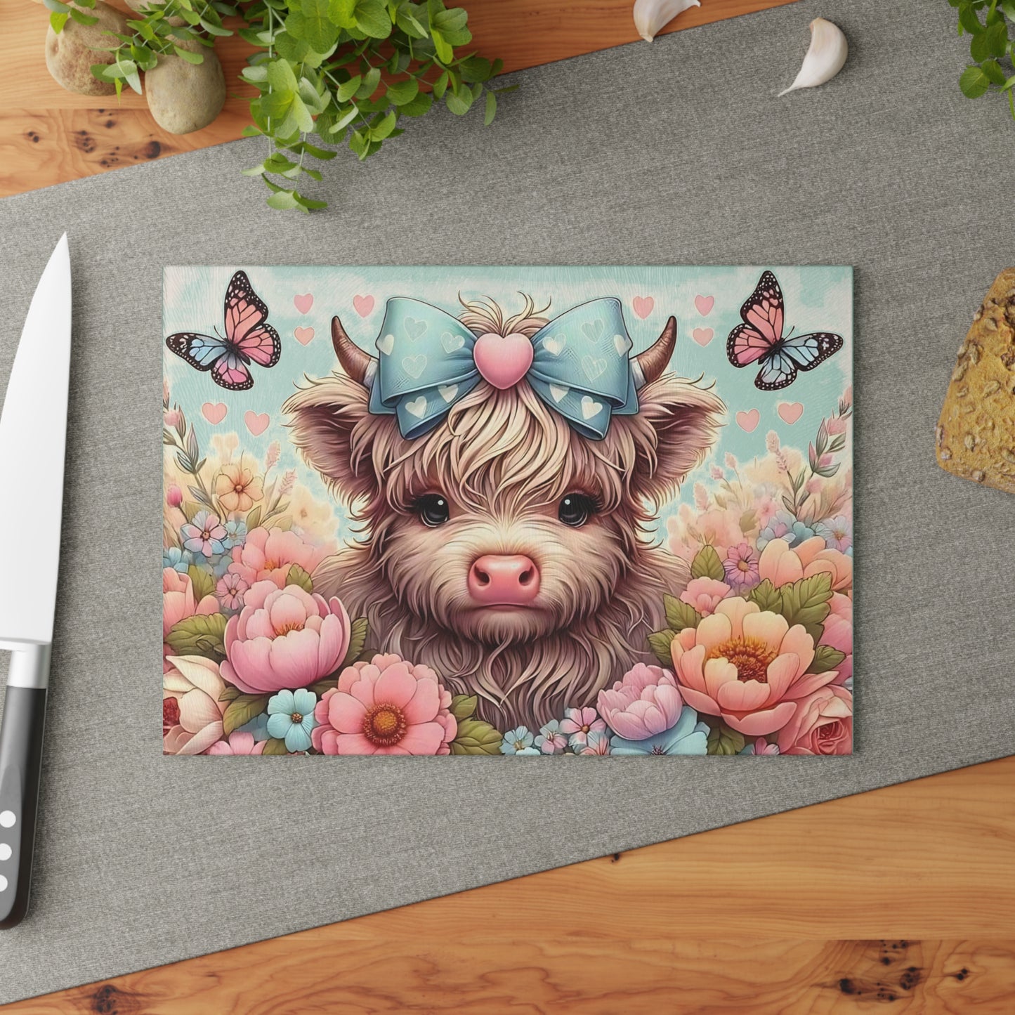 Highland Cow Glass Cutting Board with Bow, Flowers & Butterflies