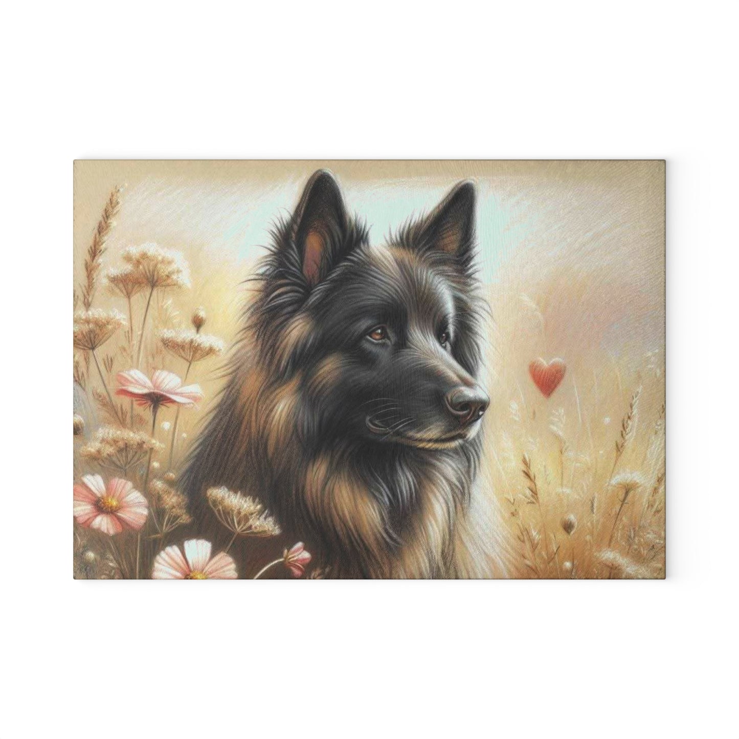 🐾 German Shepherd Meadow Cutting Board – Romantic Pet Tribute with Soft Florals & Golden Light 🌸❤️