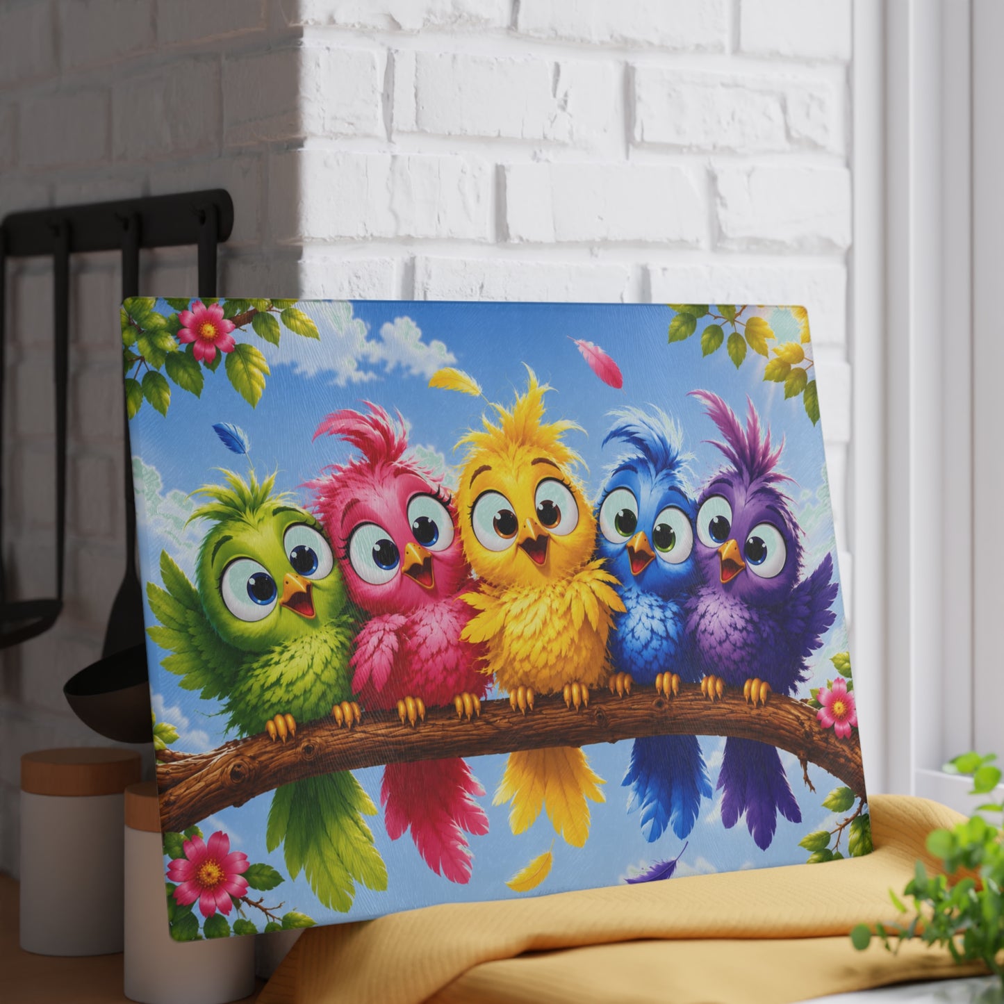 Colorful Baby Birds Glass Cutting Board – Whimsical Kitchen Decor with Cute Rainbow Bird Design