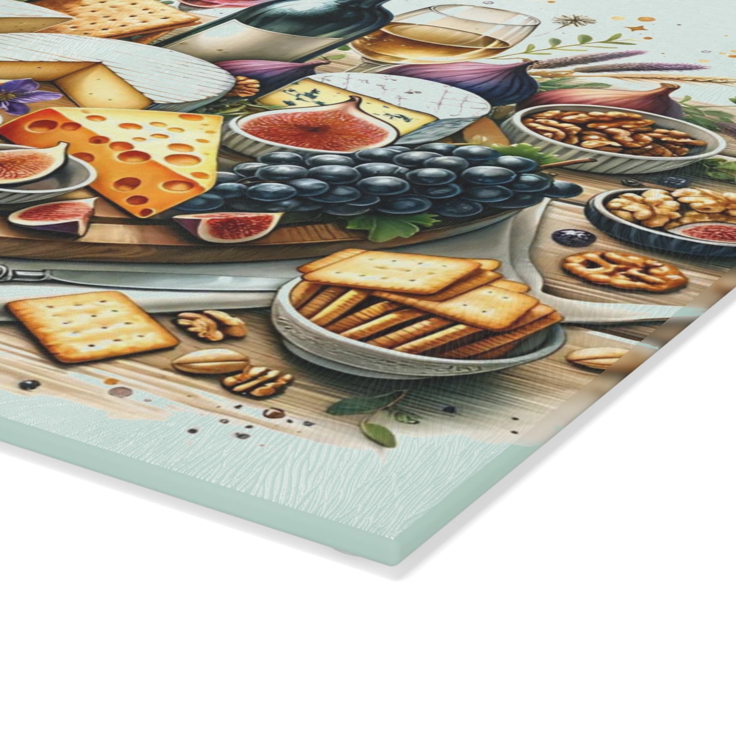 🍷🧀 “Gourmet Spread & Sparkle” Glass Cutting Board – Cozy Charm for Your Kitchen