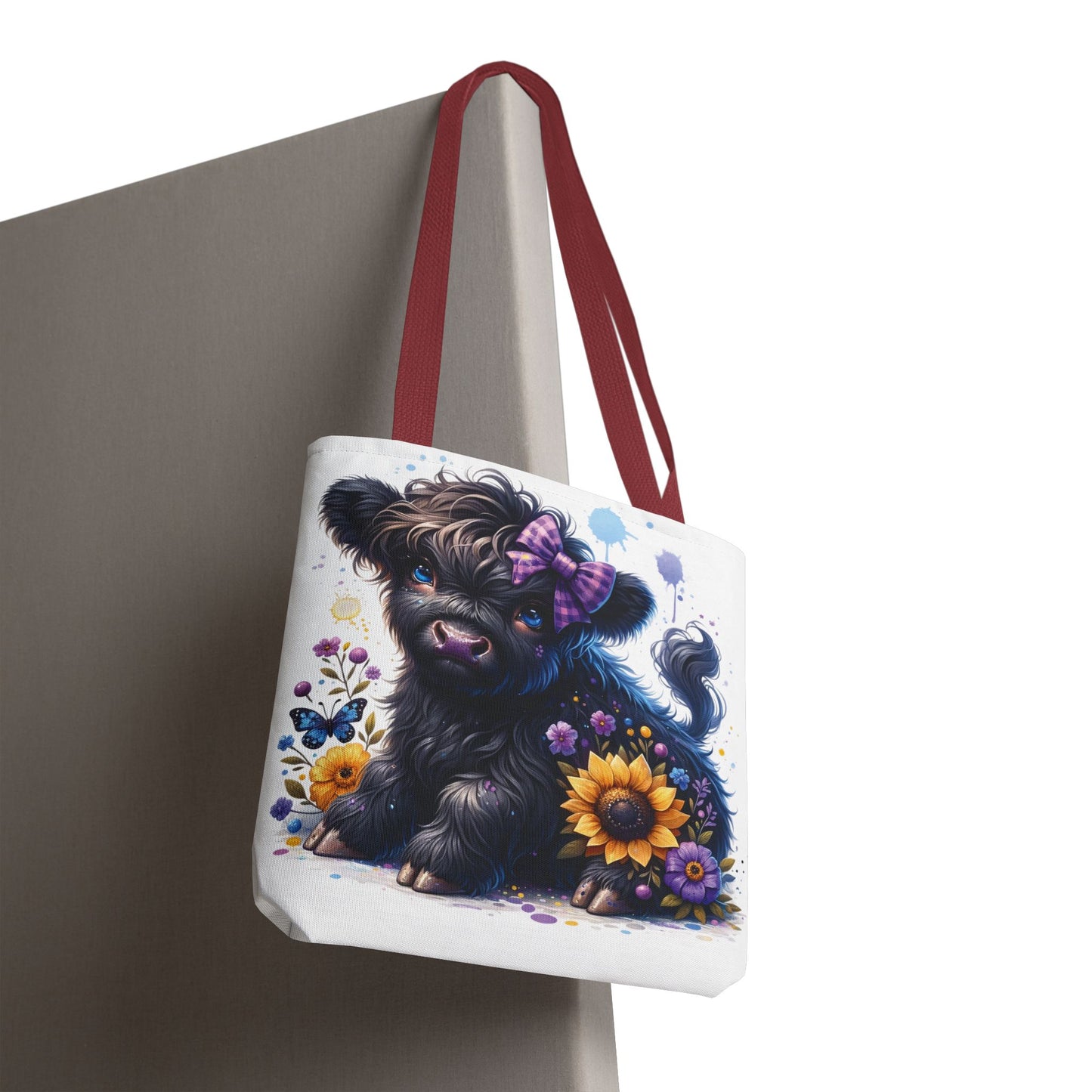 💜 Purple Bow Black Highland Calf Tote Bag – Country Charm with a Pop of Color 🐮👜