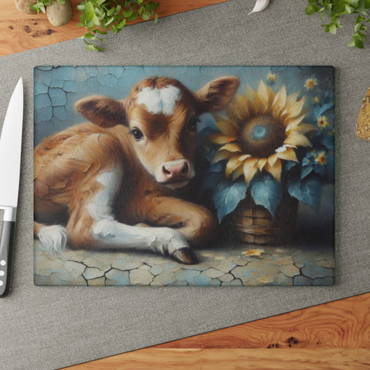 🌻 Sunflower Calf Glass Cutting Board – Rustic Farmhouse Charm for Your Kitchen