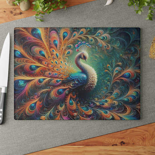 Tabla de cortar de pavo real, tabla de cortar de vidrio templado, tabla de charcutería, tabla de cortar, regalo de inauguración de la casa personalizado, tabla de cortar