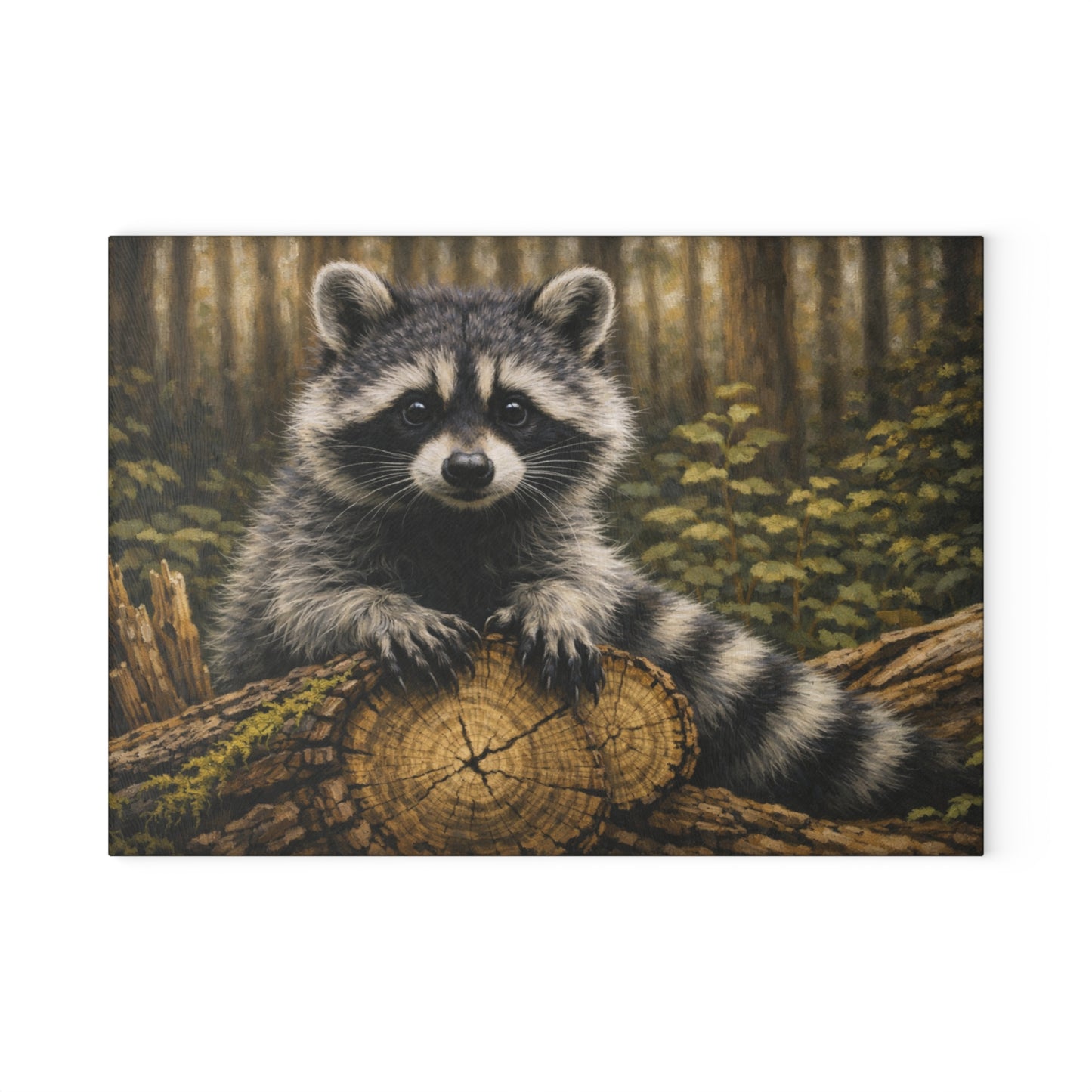 Raccoon Woodland Glass Cutting Board – Forest Wildlife Artwork