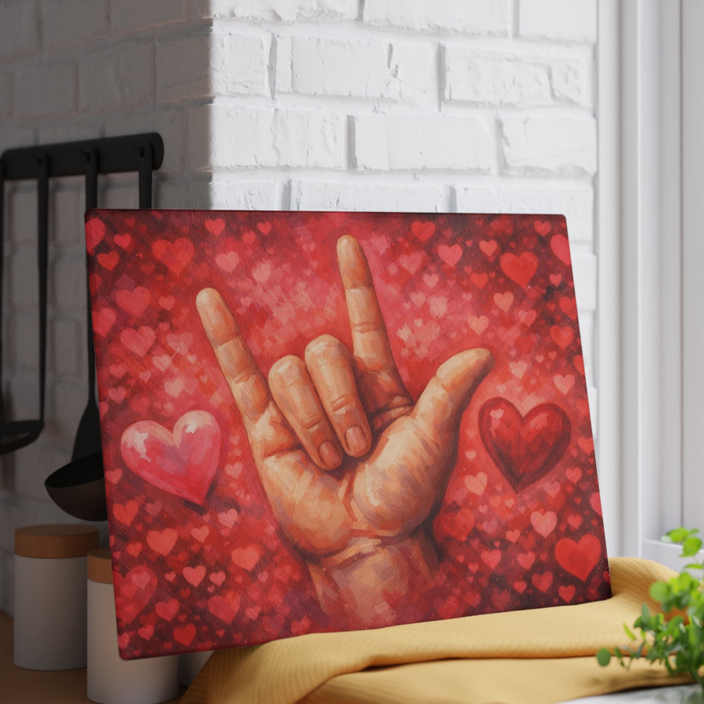 Sign Language “I Love You” Glass Cutting Board – Heartfelt ASL Art Kitchen Display