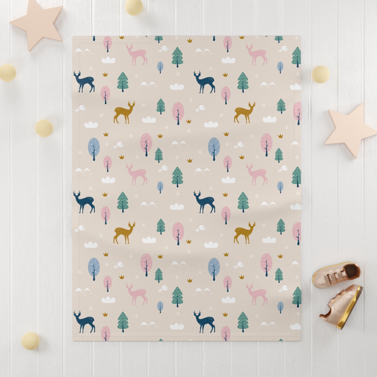 Woodland Deer Forest Baby Blanket – Ultra-Soft Fleece 30″×40″ | Neutral Pastel Trees on Beige