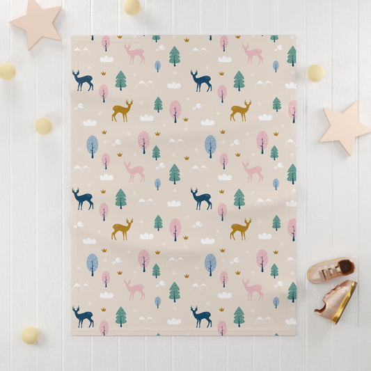 Woodland Deer Forest Baby Blanket – Ultra-Soft Fleece 30″×40″ | Neutral Pastel Trees on Beige
