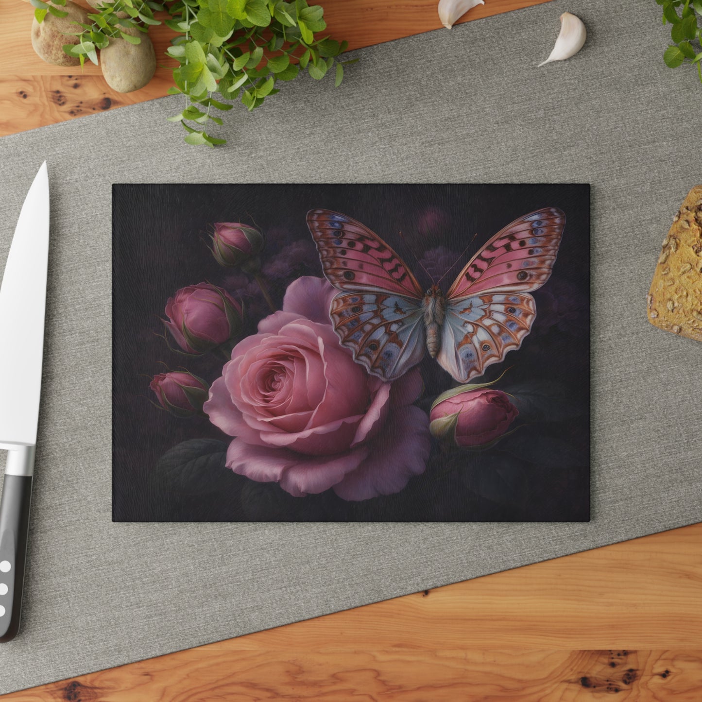 Pink Rose & Butterfly Glass Cutting Board – Elegant Dark Floral Nature Kitchen Décor