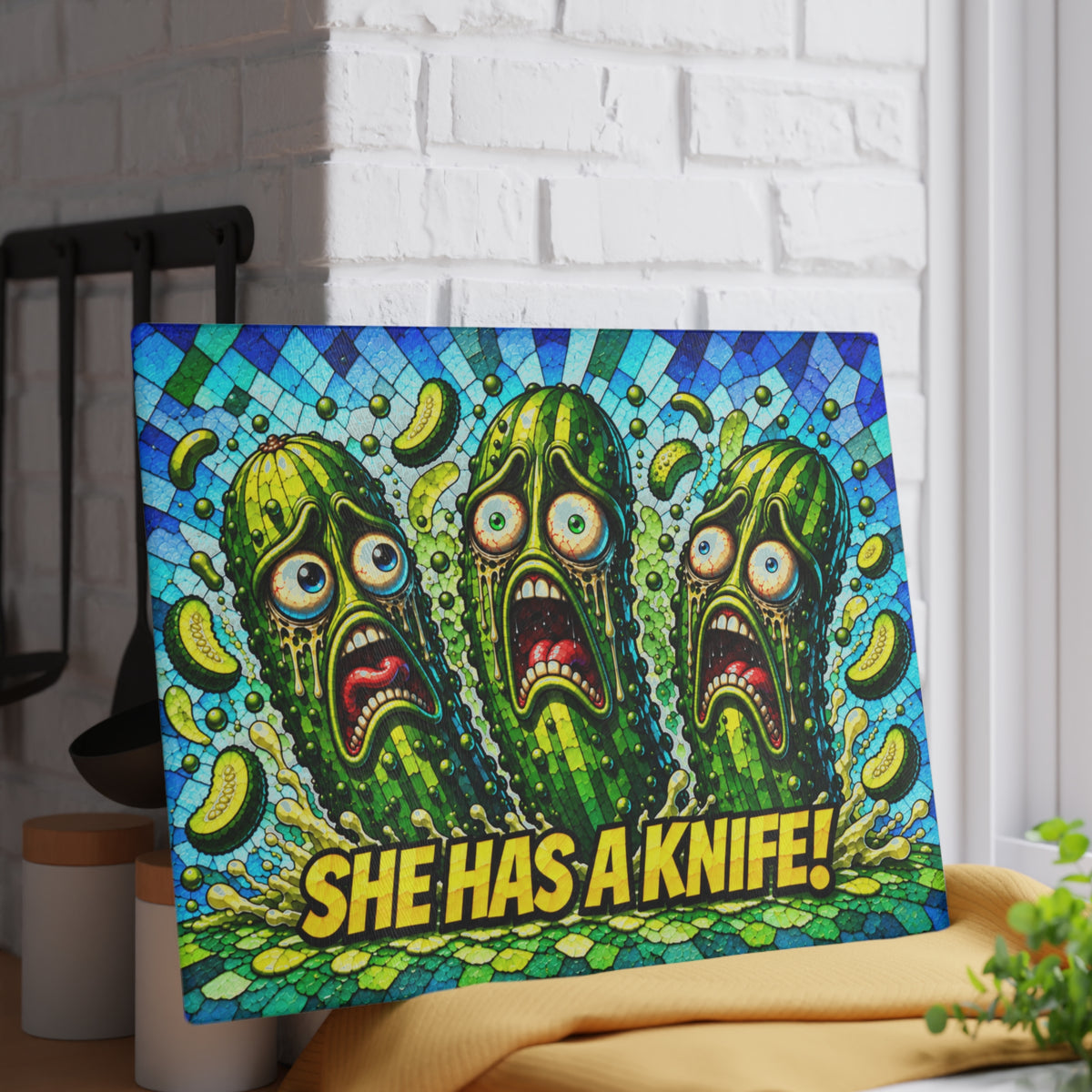 She Has a Knife! Funny Pickle Stained-Glass-Inspired Glass Cutting Board
