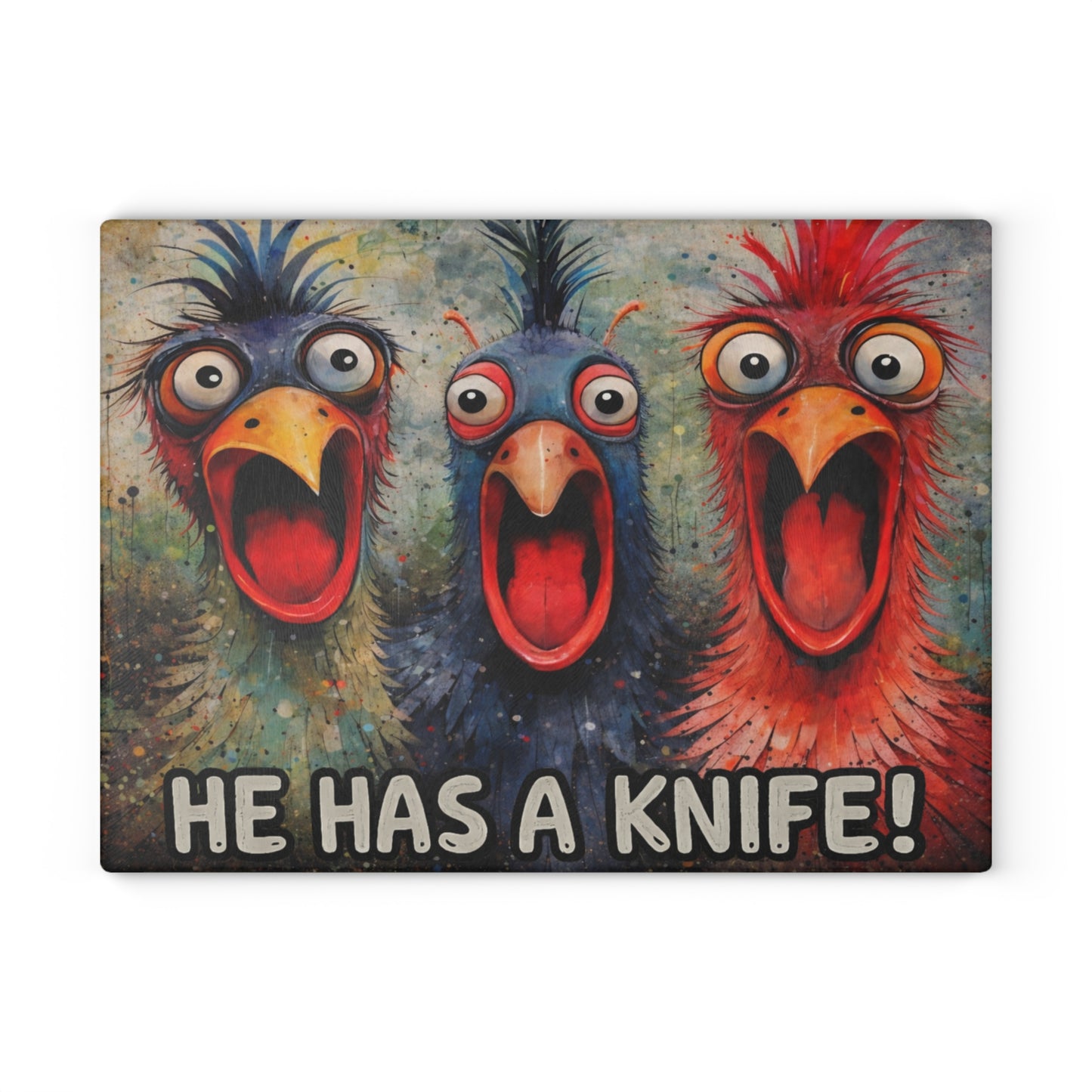 He Has a Knife! Glass Cutting Board – Funny Chicken Farm Kitchen Decor