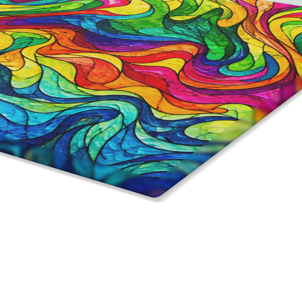Rainbow Swirl Stained-Glass-Inspired Glass Cutting Board – Colorful Abstract Kitchen Decor