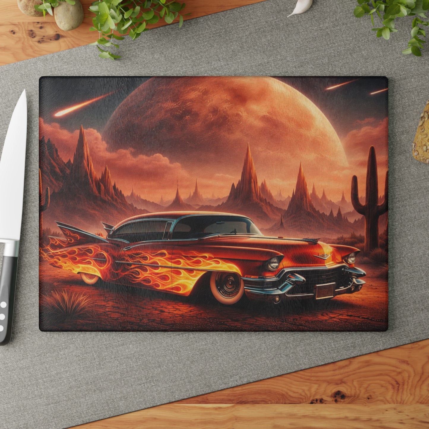 Inferno Desert Drive Glass Cutting Board – Flaming Classic Car Under Cosmic Desert Moon
