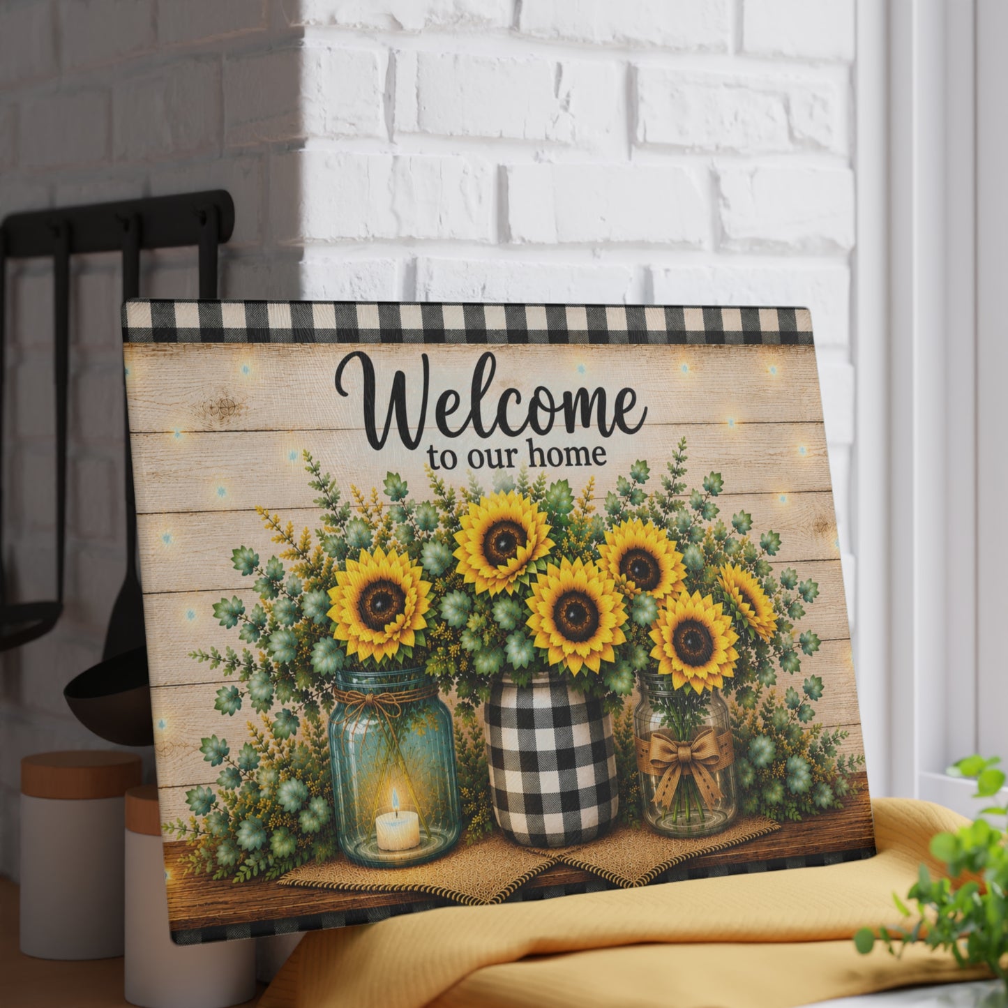 Sunflower Welcome Glass Cutting Board – Farmhouse Buffalo Plaid Kitchen Decor