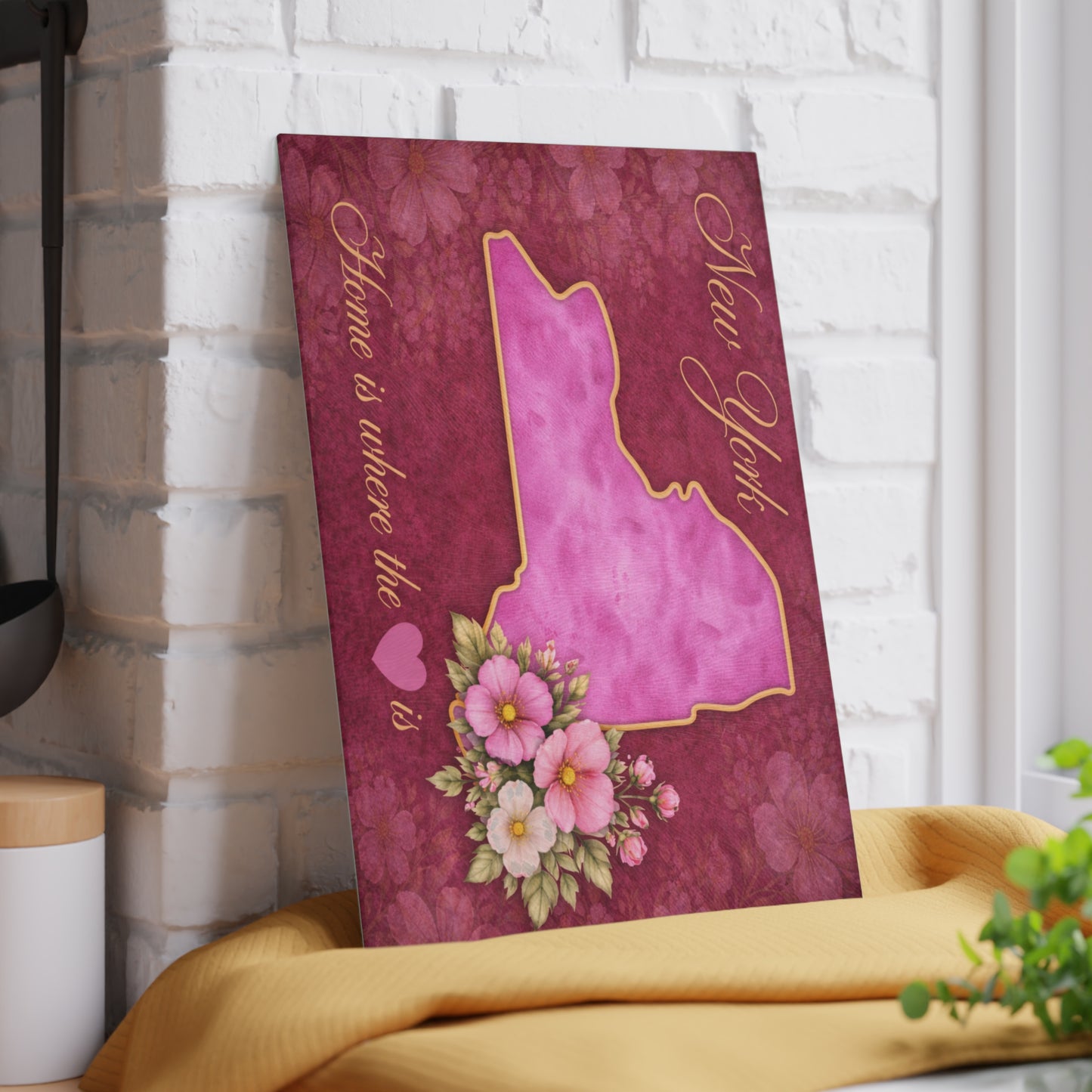 New York State Home is Where the Heart Is Glass Cutting Board – Floral State Pride Kitchen Decor