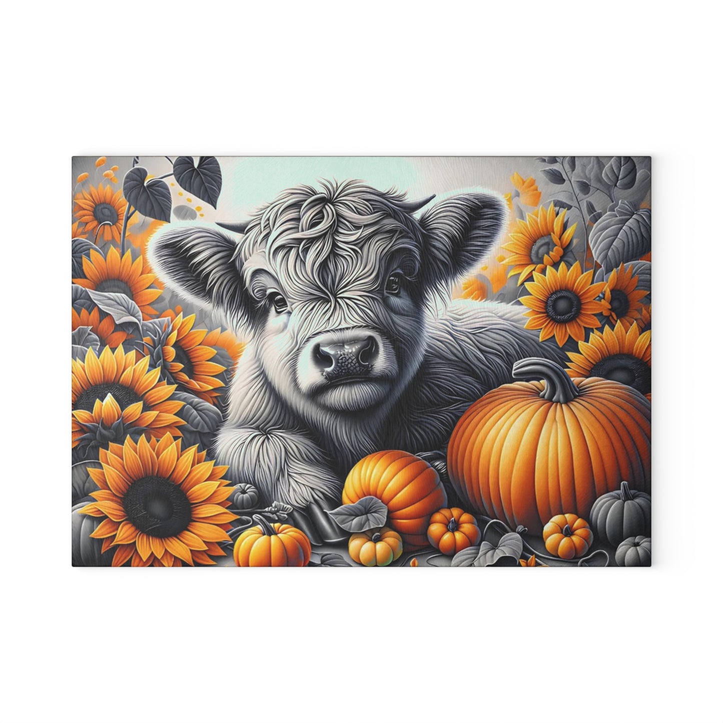 🐮🌻 Autumn Highland Calf Cutting Board – Rustic Charm with Pumpkins & Sunflowers 🎃🍂