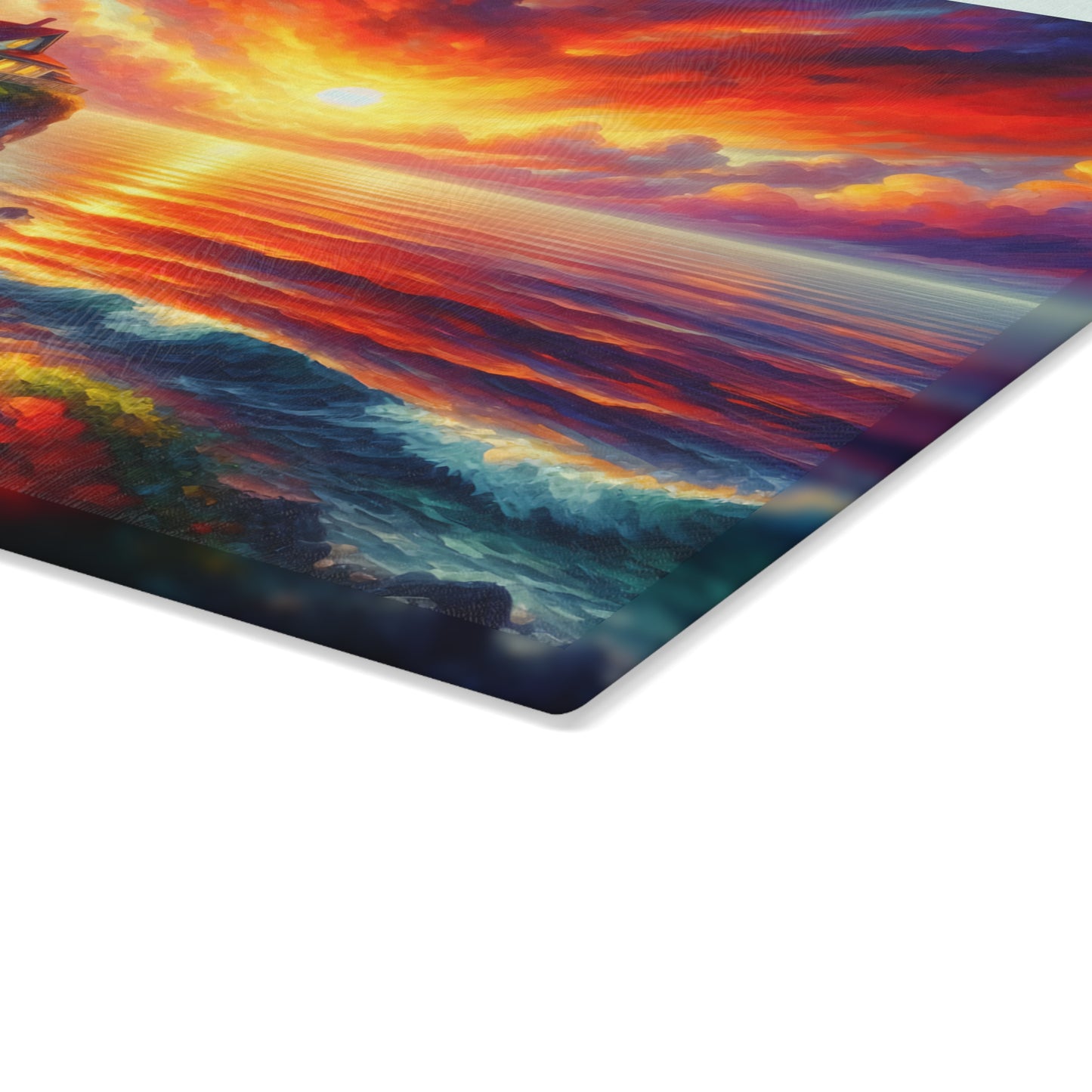 Radiant Lighthouse Sunset Glass Cutting Board – Coastal Seascape Art Kitchen Display