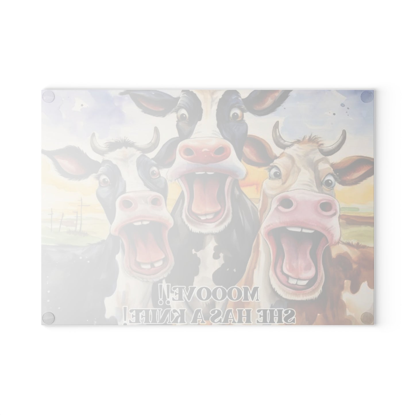 MOOOVE!! SHE HAS A KNIFE! – Funny Cow Tempered Glass Cutting Board