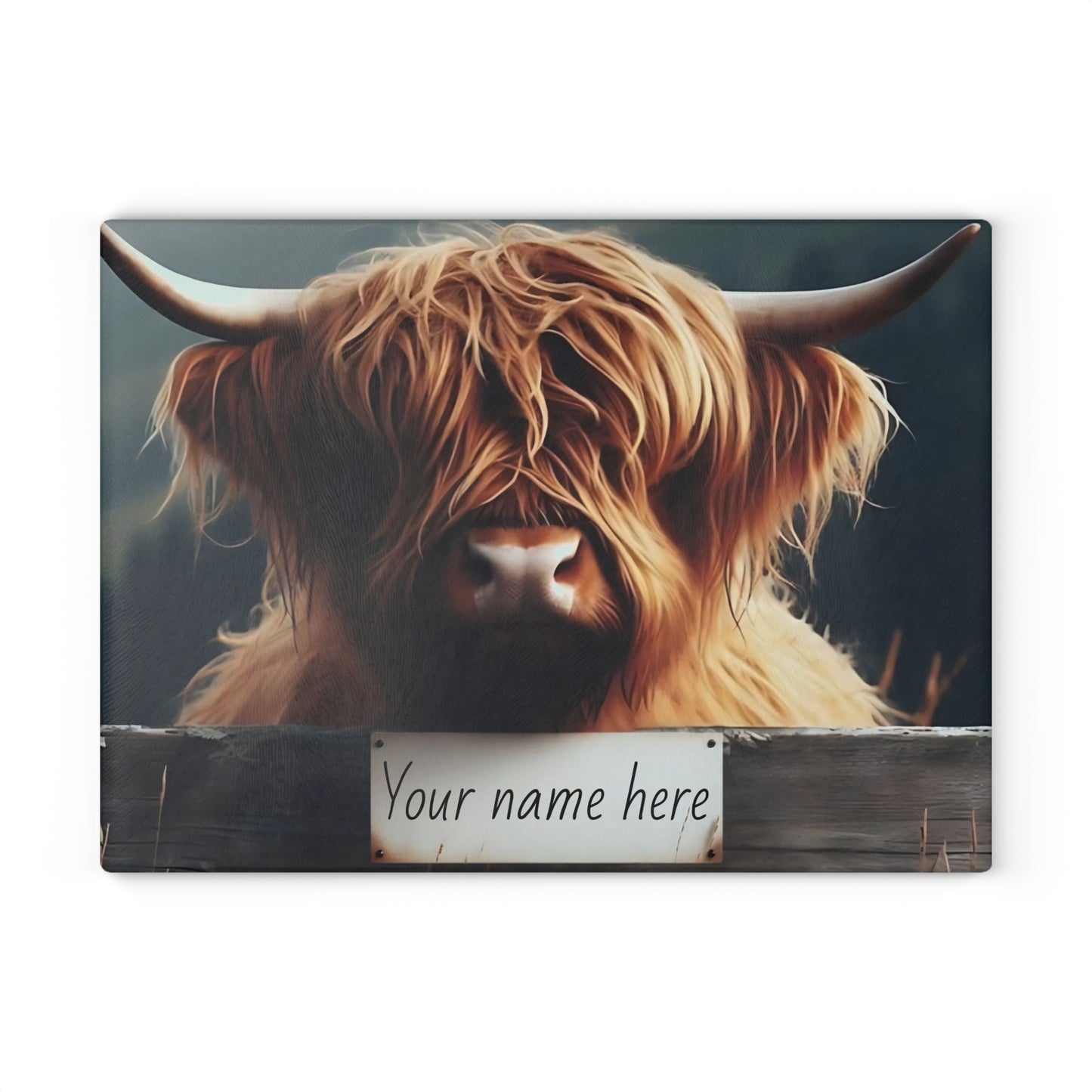 Highland Cow Over Fence Personalized Glass Cutting Board – Rustic Farmhouse Kitchen Decor, Glass Cutting Board – Western Farmhouse Decor, Country Kitchen Gift