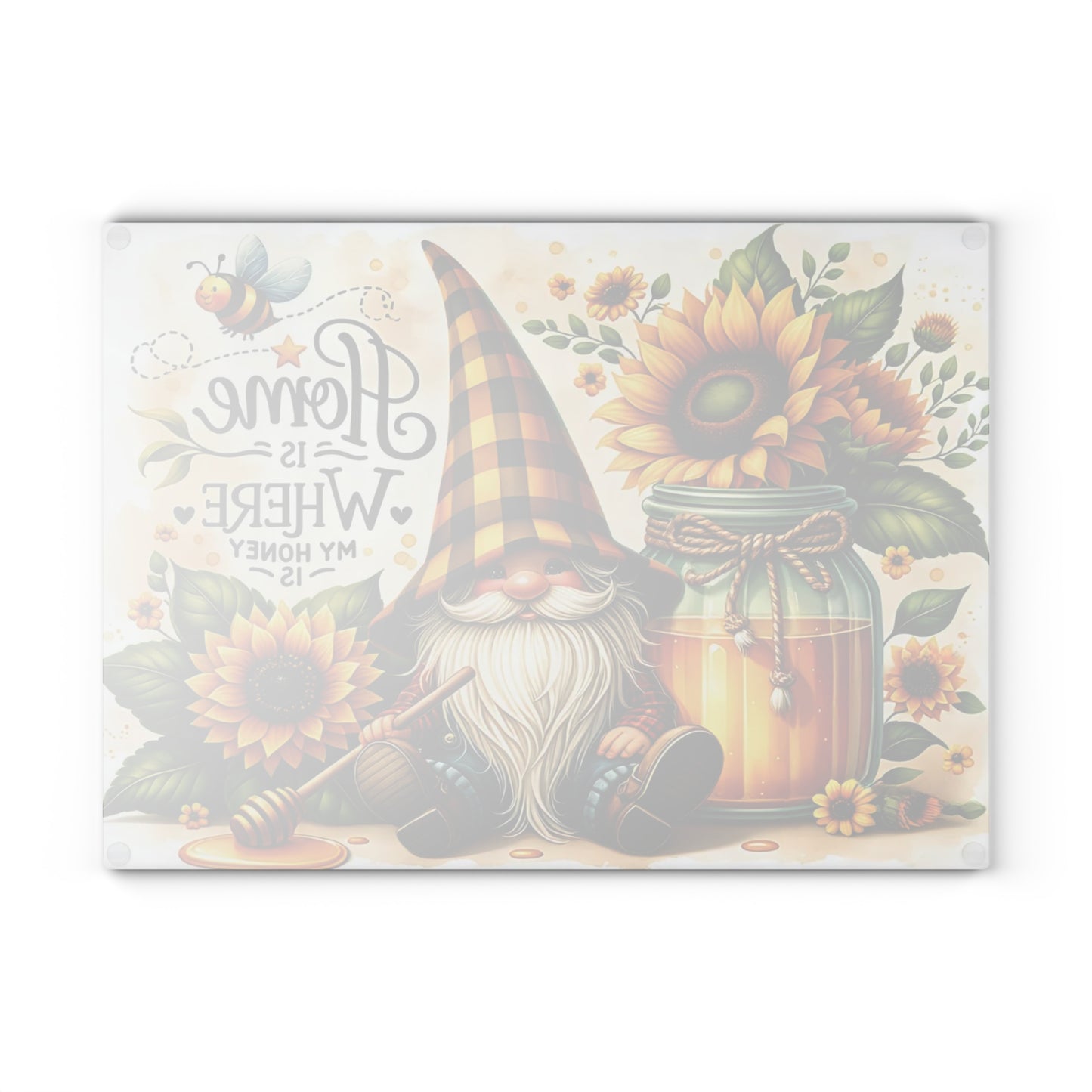 🐝🌻 “Sunny Honey Gnome” Glass Cutting Board – Warm Country Charm for Your Kitchen
