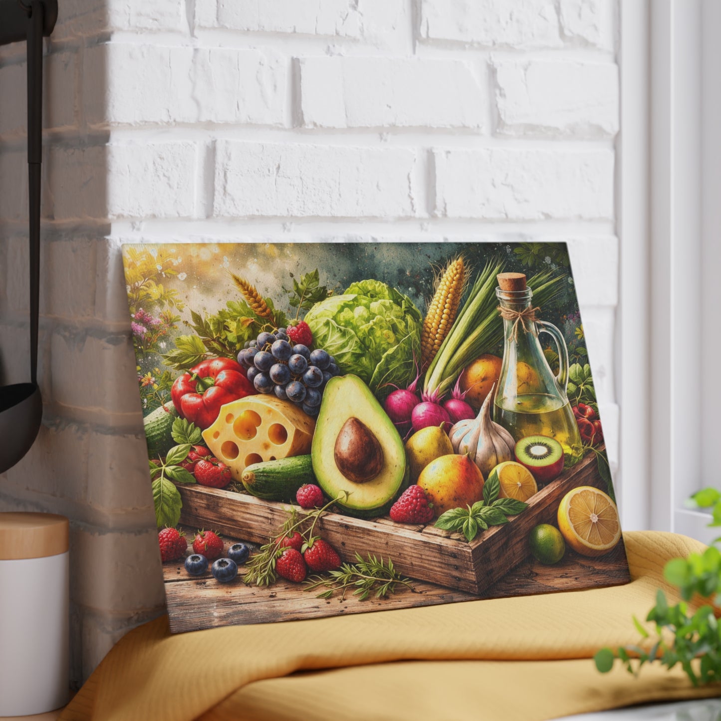 Fresh Harvest Farmhouse Glass Cutting Board – Rustic Market Fruit & Vegetable Kitchen Decor
