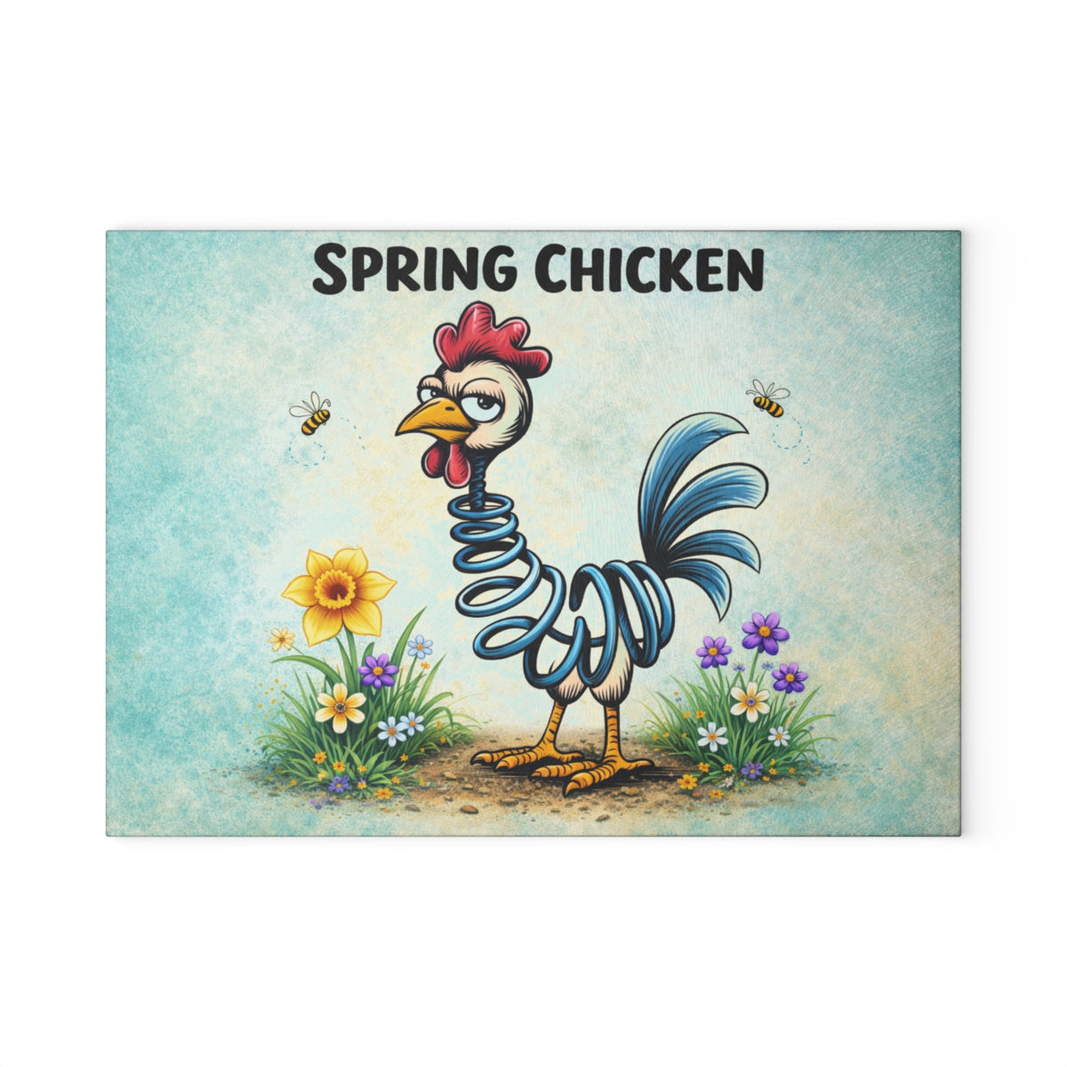 Spring Chicken Glass Cutting Board – Whimsical Chicken Artwork with Playful Spring Humor