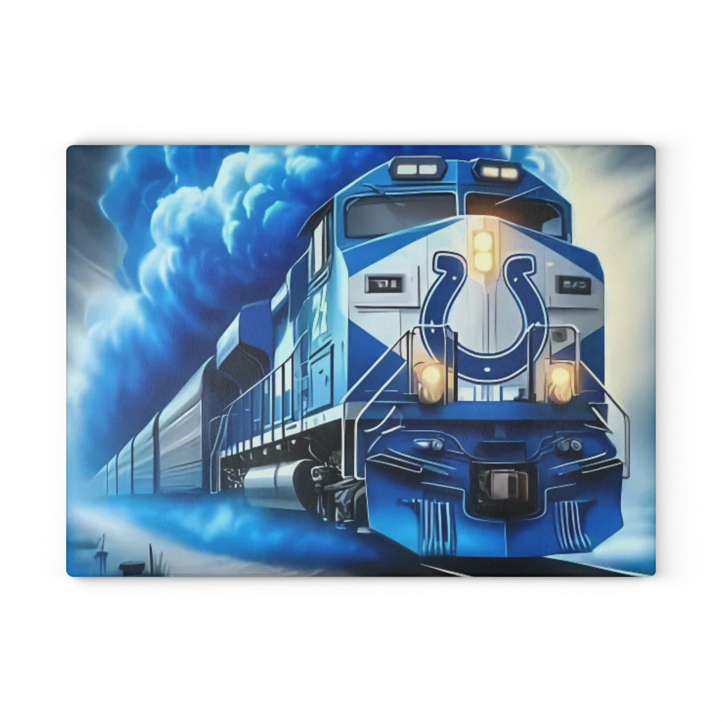 Royal Blue & White Express Glass Cutting Board – Sleek Train Art for Clean, Modern Kitchens