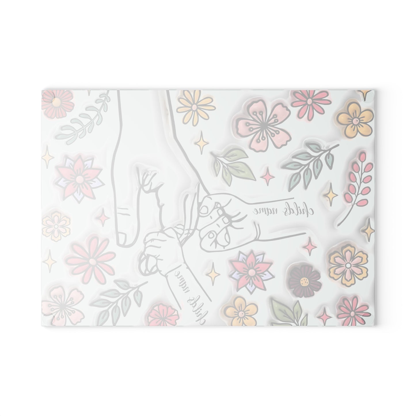 Tabla de cortar de vidrio templado personalizada con las manos de la madre | Arte floral 3D | Nombres personalizados para niños | Regalo para el Día de la Madre